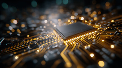 Circuit Board: High-tech circuit board with an integrated central processing unit (CPU), radiating with energy and illuminated by golden light, embodies the core of technological innovation.