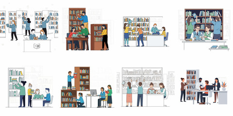 Collection of flat-design illustrations depicting diverse people studying, reading, and organizing books among bookshelves in a public library or academic setting. © Muqodimatul