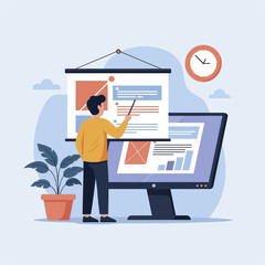 Man Presenting Data on Screen and Projector in Office.