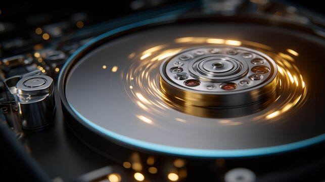 Hard Drive Marvel: A close-up view reveals the intricate inner workings of a hard drive, with gleaming metallic components and circuits. capturing innovation