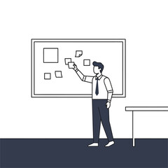 Man presenting ideas on a whiteboard in an office setting.