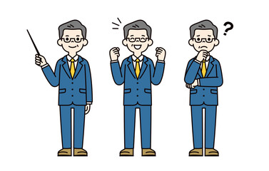 教える・笑顔で喜ぶ・悩む、スーツ姿の中高年の男性の全身ベクターイラスト素材セット＿カラー
