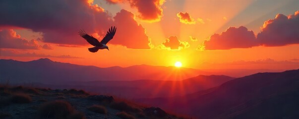 A lone bird soars high above a vast, open landscape, wings outstretched against a vibrant sunset Symbolising limitless possibilities and the untamed spirit of freedom , wild, inspiration