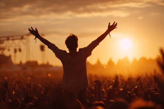Male DJ with Arms Raised Facing Cheering Crowd at Sunset