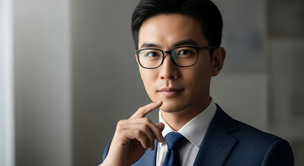 Asian man in glasses wearing a suit thinking in office