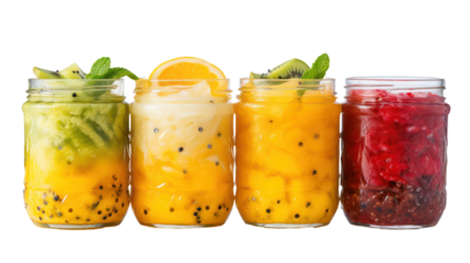 Four colorful fruit drinks in mason jars isolated on transparent background