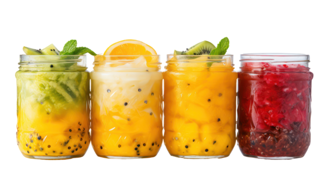 Four colorful fruit drinks in mason jars isolated on transparent background