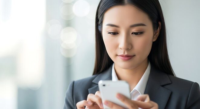 Asian woman in dark suit using white smartphone female - Powered by Adobe