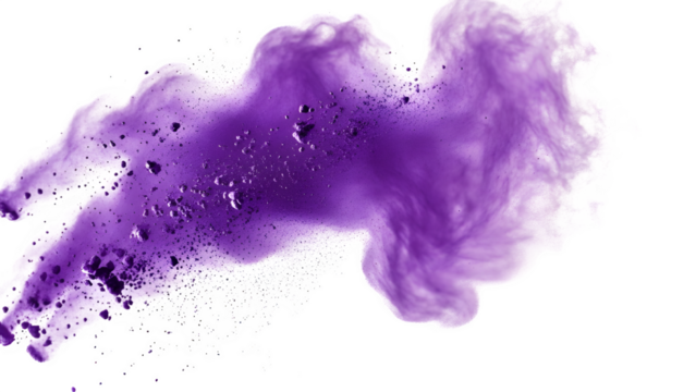 Abstract purple powder explosion on white background, Freeze motion of purple dust splashing in transparent background.