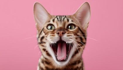 Cheerful Bengal Cat With Mouth Open, Gazing Happily On Pink Background. Amusing Portrait With Space For Text. Fun Image.