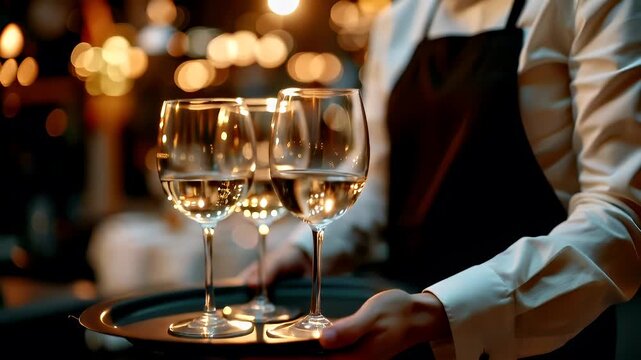 A waiter holding a tray with wine glasses in a dimly lit restaurant setting.wine glasses with white wine on a table, illuminated by the ambient light of the setting sun, creating a warm.