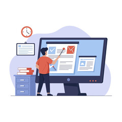 Man presenting information on a large computer screen with a pointer.