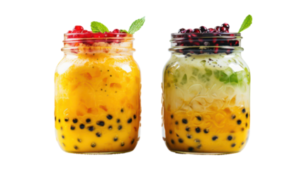 Two colorful fruit drinks with boba isolated on transparent background