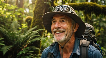 Happy senior man hiking in a lush green forest. Smiling mature explorer with a backpack enjoying nature and adventure. Active retirement lifestyle concept