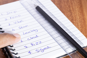 Fingures pointing the list of most used gen z words writted in the notepad with pencil and scale aside