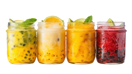 Four colorful fruit drinks in glass jars isolated on transparent background