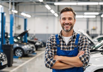 Confident car mechanic smiling at the camera in an auto repair shop. Professional worker in a modern garage providing vehicle service
