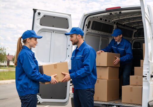 Team of delivery service workers loading cardboard boxes into a van. Professional movers in uniform working together. Logistics and transportation company concept