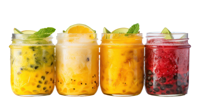 Four colorful fruit drinks in glass jars isolated on transparent background
