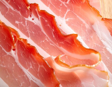 Close-up of sliced cured meat with distinct marbling and reddish edges