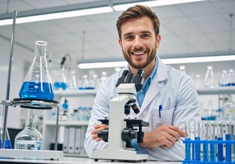 Portrait of a handsome scientist smiling in a modern laboratory. Confident male researcher in a lab coat sitting with a microscope. Science, medical research, and pharmaceutical development concept