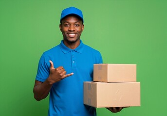 Smiling African American delivery man holding cardboard boxes. Friendly courier in a blue uniform making a call me gesture on a green background