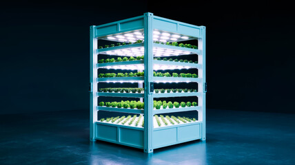Modern hydroponic vertical farm for growing plants indoors in a greenhouse