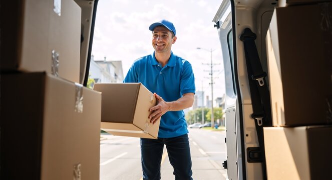 Smiling delivery man loading a cardboard box into a van. Friendly courier in a blue uniform providing professional shipping service.