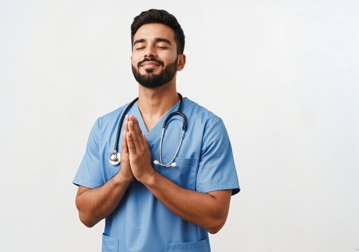 Young indian doctor in blue scrubs praying with hope. Male medical professional with a stethoscope showing gratitude isolated on a white background - Powered by Adobe