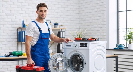 Confident young repairman with tools next to a washing machine. Professional technician providing home appliance installation and repair service