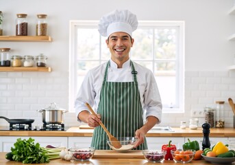 Portrait of a smiling professional chef cooking in a modern kitchen. Happy man in uniform preparing a healthy meal with fresh ingredients