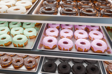 トレイに並んだカラフルなドーナツ
