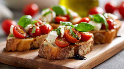 Fresh Italian bruschetta with toasted rustic bread, topped with ripe cherry tomatoes, fresh mozzarella, basil leaves, and a drizzle of olive oil, arranged on a wooden serving board