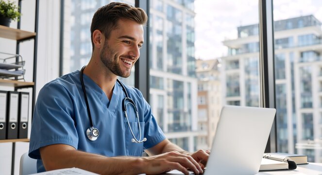 Smiling male doctor in blue scrubs working on a laptop in a modern office. Young healthcare professional providing an online consultation. Telehealth and medical technology concept - Powered by Adobe