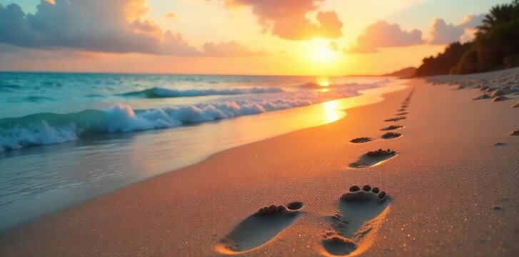 A pair of sandy footprints leading away from the ocean, symbolizing a relaxing beach holiday The sun sets in the background, casting a warm glow on the scene , ocean, sea