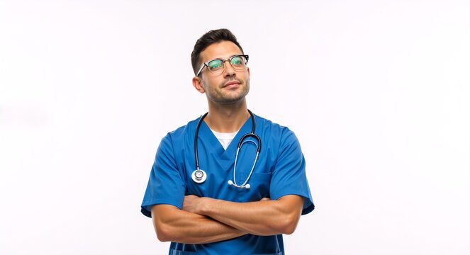 Young male doctor in blue scrubs and glasses thinking with arms crossed. Medical professional with a stethoscope isolated on a white background with copy space