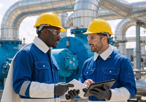 Diverse engineers working together at an industrial plant. Two male colleagues in hard hats discussing a project with a tablet. Teamwork and communication concept