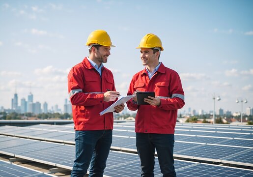 Two engineers collaborating on a rooftop with solar panels. Professional technicians in hard hats discussing a project. Renewable green energy and sustainable technology concept