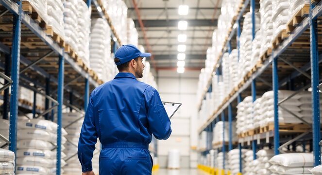 Back view of a warehouse worker with a clipboard managing stock inventory. Man in a blue uniform walking in a large logistics and distribution center