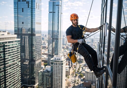 A professional window washer working at high altitude on a modern skyscraper. Industrial climber suspended by safety ropes cleaning a glass facade with a city view