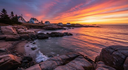 Coastal scene during a vibrant sunset with a rocky shore and white houses