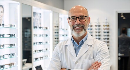 Portrait of a smiling mature male optician with glasses in his shop. Professional optometrist with arms crossed in a modern optical store. Healthcare and vision care concept