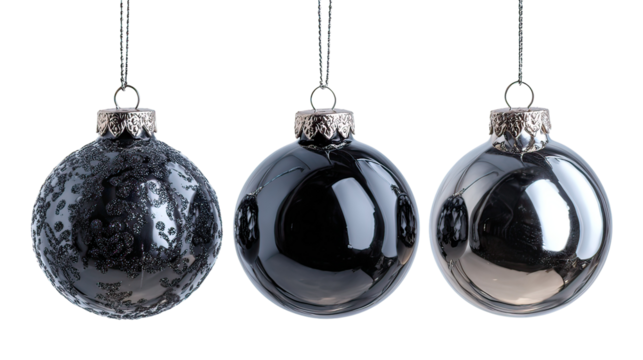 Three black and silver glass ornaments hanging upscale festive decor on transparent background