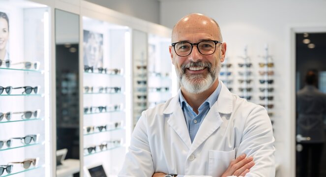 Portrait of a smiling mature male optician with glasses in his shop. Professional optometrist with arms crossed in a modern optical store. Healthcare and vision care concept