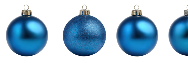 Three blue Christmas ornaments in a straight line with luxurious glossy finish on transparent background