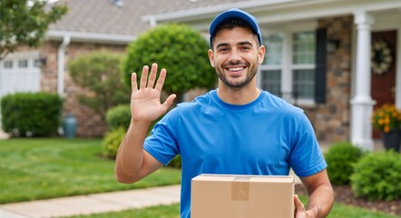 Friendly delivery man holding a package and waving at the camera. Happy young courier in a blue uniform delivering a cardboard box to a suburban house