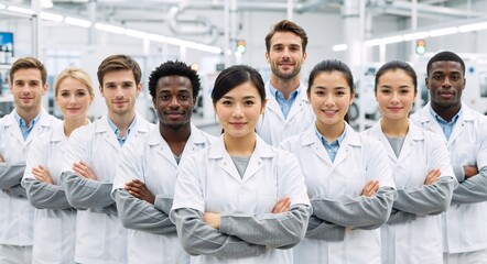 A diverse team of professional engineers and scientists in a modern factory. Multi-ethnic group of industrial workers in lab coats smiling with arms crossed. Teamwork and collaboration concept