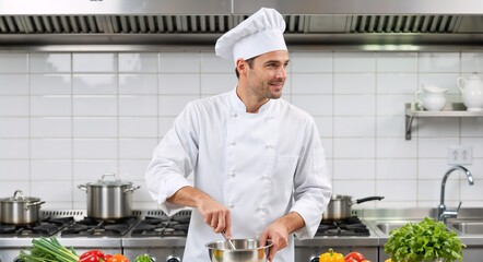Professional male chef cooking in a commercial kitchen. Happy cook in uniform preparing a meal with fresh vegetables. Gastronomy and healthy food concept