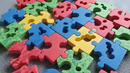 Vibrant foam puzzle pieces scattered on a grey background, perfect for children's play and education.
