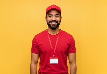 Portrait of a smiling employee in a red uniform and cap. Friendly service worker with a blank ID badge on a yellow background with copy space